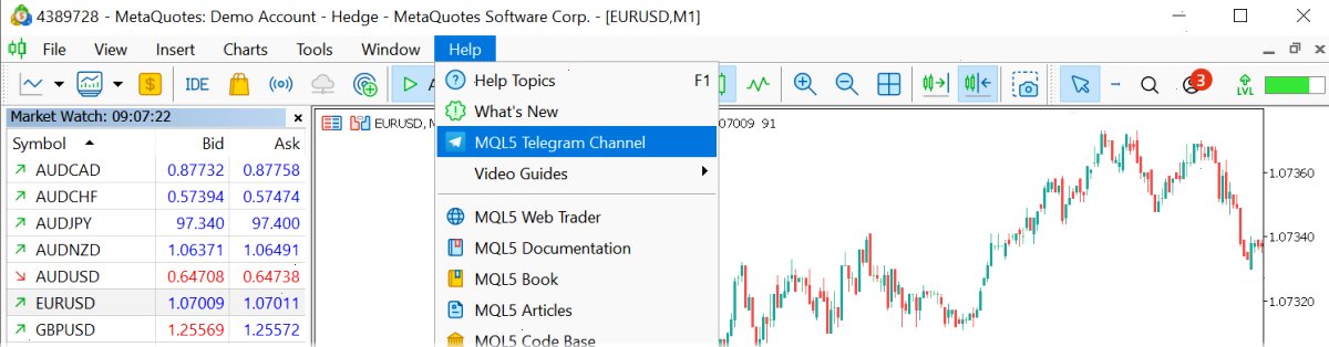 在“帮助”菜单中添加MQL5 Telegram频道的链接。